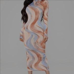 Fashion Nova Psychedelic Pattern Orange, Blue Long Sleeve Bodycon Dress Size-XS